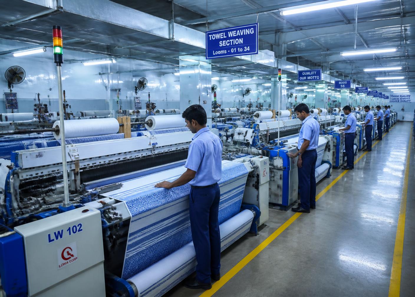 Terry towel weaving looms running inside the Zaad Textiles production unit in India